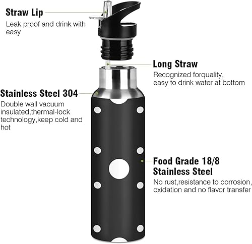 Miniatura 3 de Botella de agua de acero inoxidable con lunares blancos, color negro, 32 onzas, sin BPA, botella de agua deportiva aislada a prueba de fugas