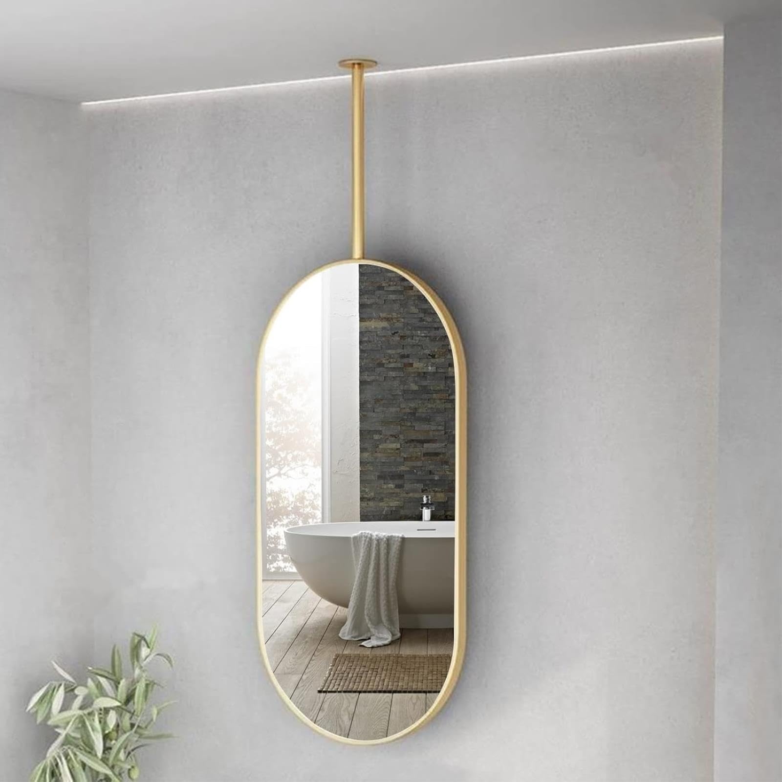 Eleganckie złote metalowe owalne lustro wiszące regulowany pręt dekoracyjne lustro sufitowe do przedpokoju i holu stylowa dekoracja domu 40 x 60 cm nowoczesny design