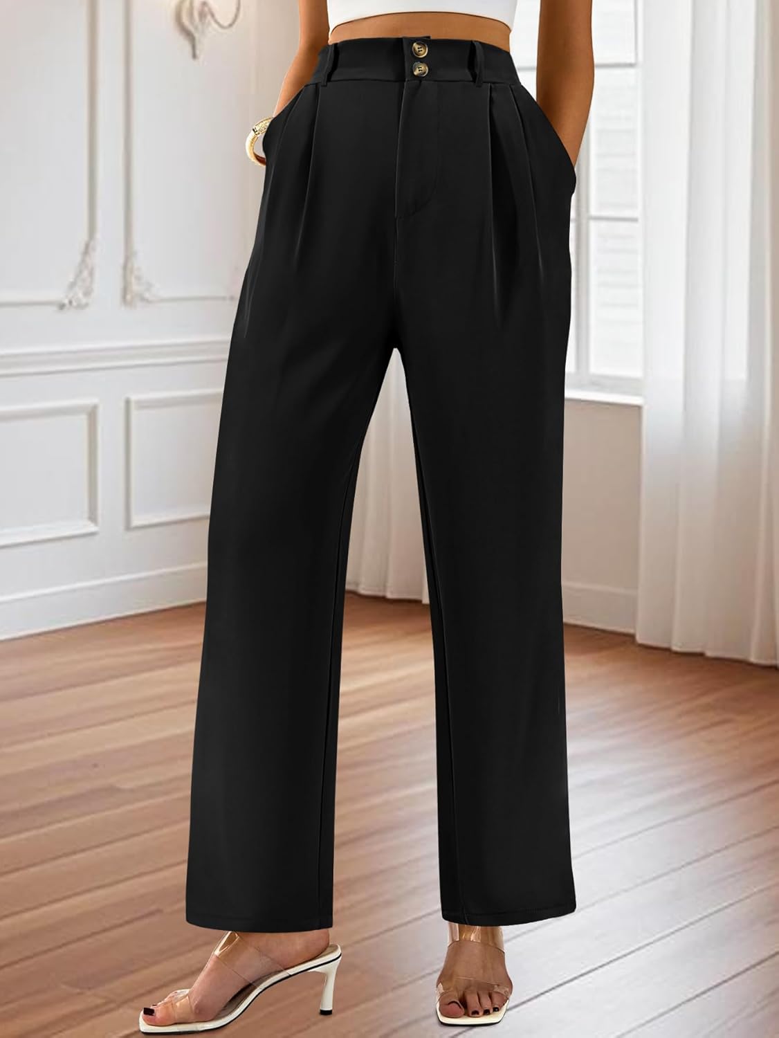 AUXDIO Womens Straight Leg Pants Casual High Waisted Stretchy Double Buttoned Trousers Work Business Dress Pant - Image 3