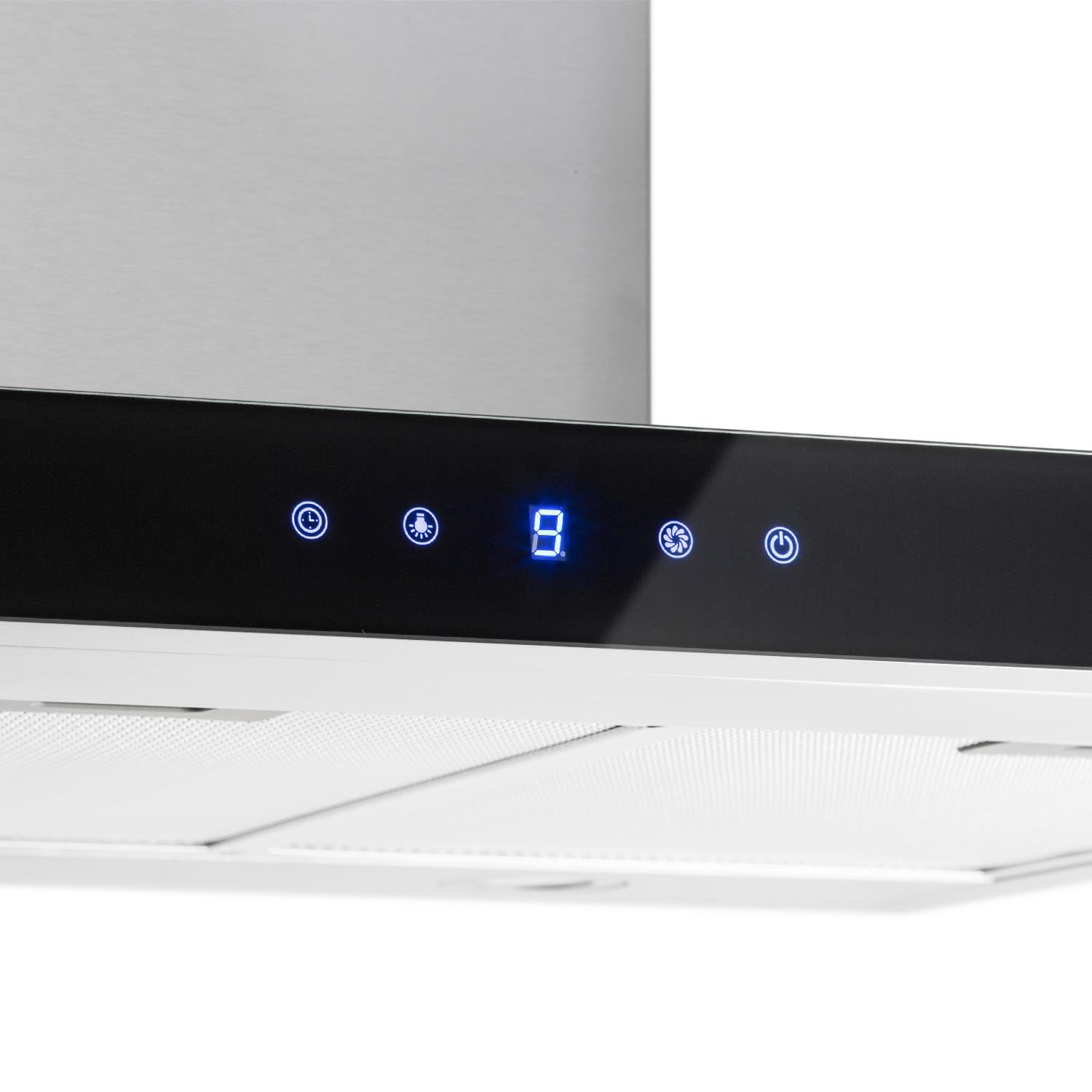 Klarstein Madonna - Cappa Aspirante ad Isola, Potenza Aria di Scarico 500 m³/h, Larghezza 90 cm, Illuminazione, Touchpad Illuminato con Display, Nero/Argento