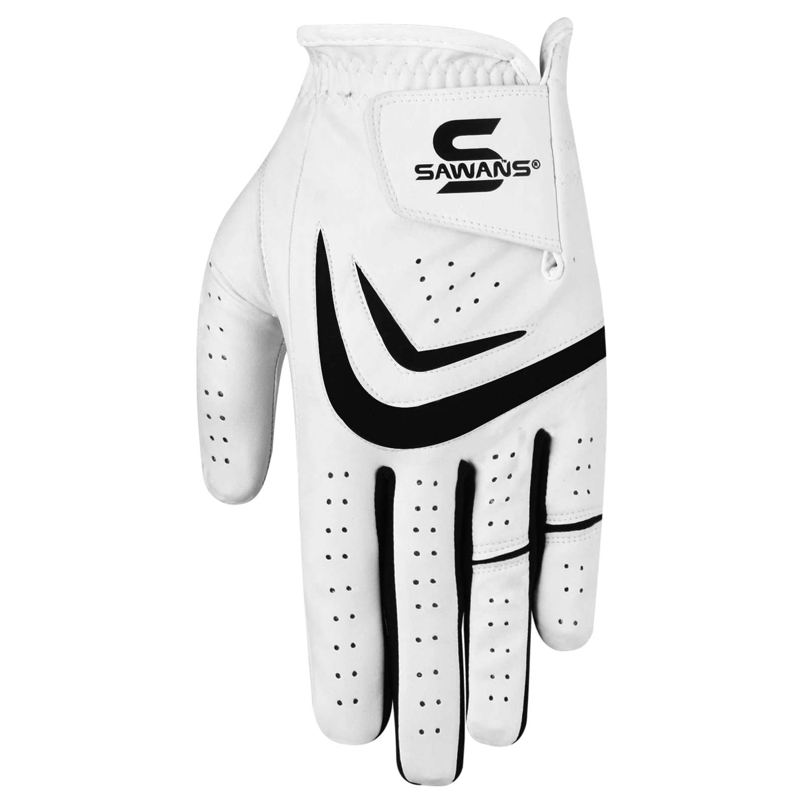 SAWANS Golf Glove Men Left Hand Right Non Slip Leather Grip Golfer Gloves All Weather Soft Durable Comfortable Flexible Wear Golfing Performance (White, M/L, Left Hand (for Right-Handed Golfer))