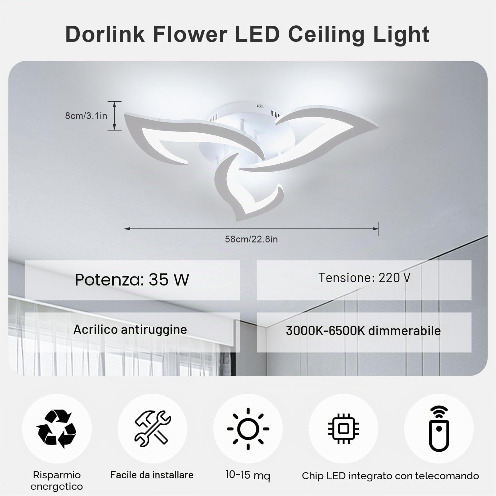 Dorlink Plafoniera LED Soffitto Dimmerabile con Telecomando/APP, 35W 3150LM Lampadario Led Camera da Letto, 3000K-6500K Lampadari LED Cucina Moderna, 3 Luci Plafoniera Fiore Bianco, 58CM