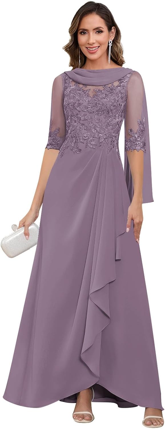 Chiffon Lace Appliques Mother of The Bride Dresses Long Scoop Neck Half Sleeve Evening Gown with Scarf