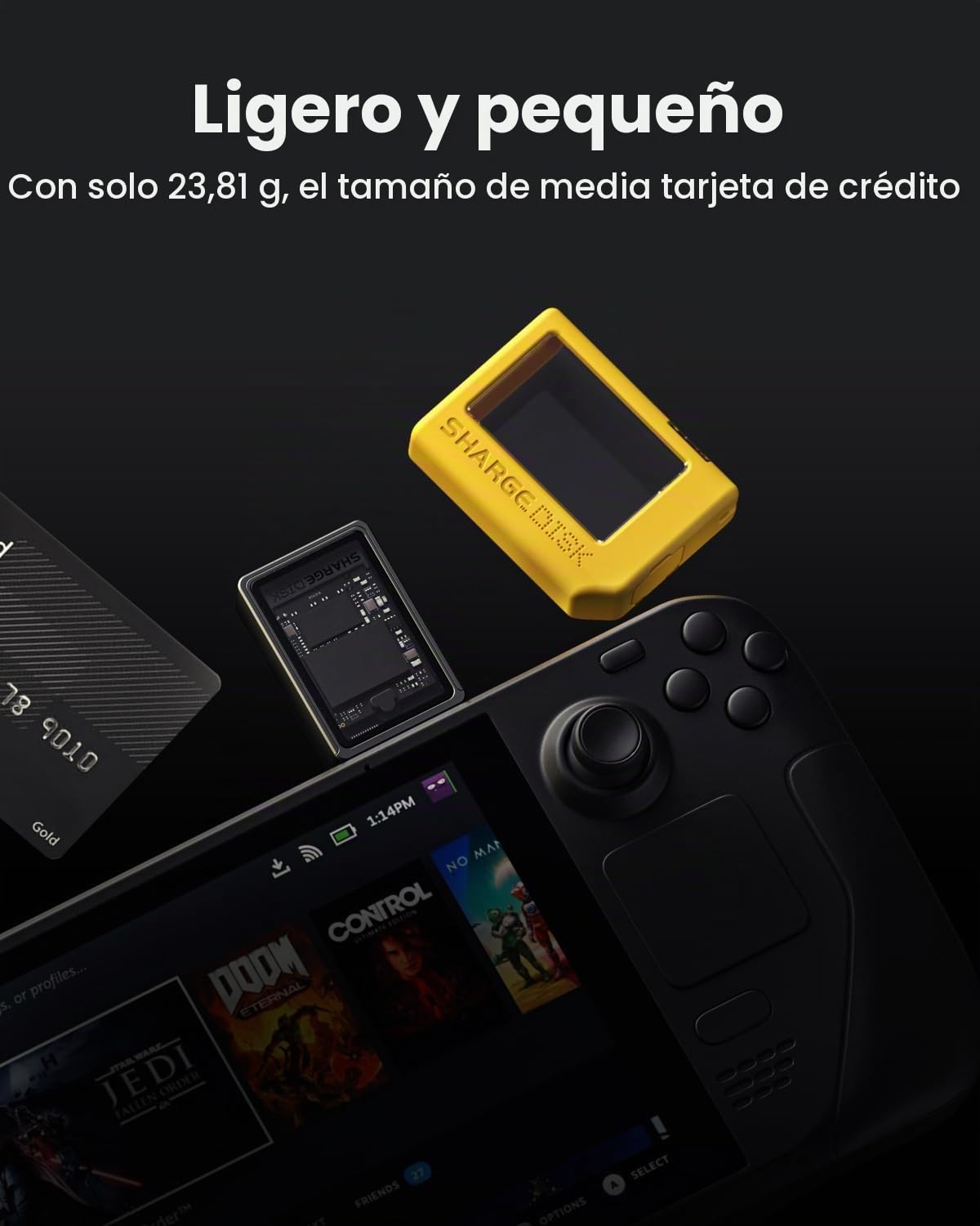 SHARGE Disk M.2 NVMe - Carcasa SSD con Sistema de Refrigeración Activo, USB C 3.2 Gen2 de 10 Gbps, Lector NVMe Compatible con Laves M y SSD Tamaño 2230, Amarillo