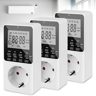 3 Stück Digitale Zeitschaltuhr Steckdose, Wochenzeitschaltuhr Digital mit 16 Programmen, Countdown & Zufallsfunktion, LCD Timer Schaltuhr Steckdose, Einbruchschutz für Innen