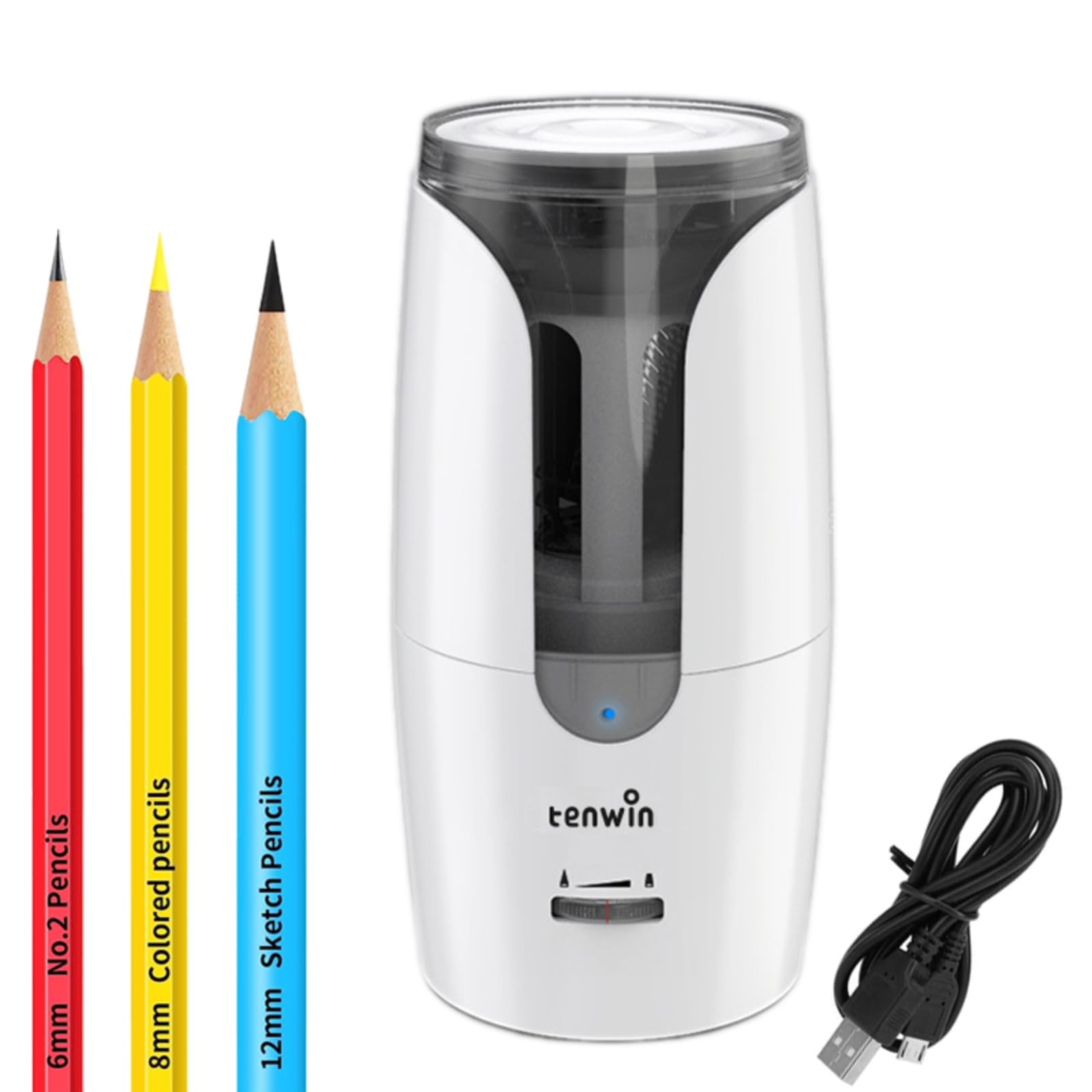 Elektryczna temperówka do ołówków, spiralna ostrzałka, z pojemnikiem, ładowana przez USB, automatyczna temperówka studencka do kolorowych ołówków 6-12 mm i nr 2 (biała)
