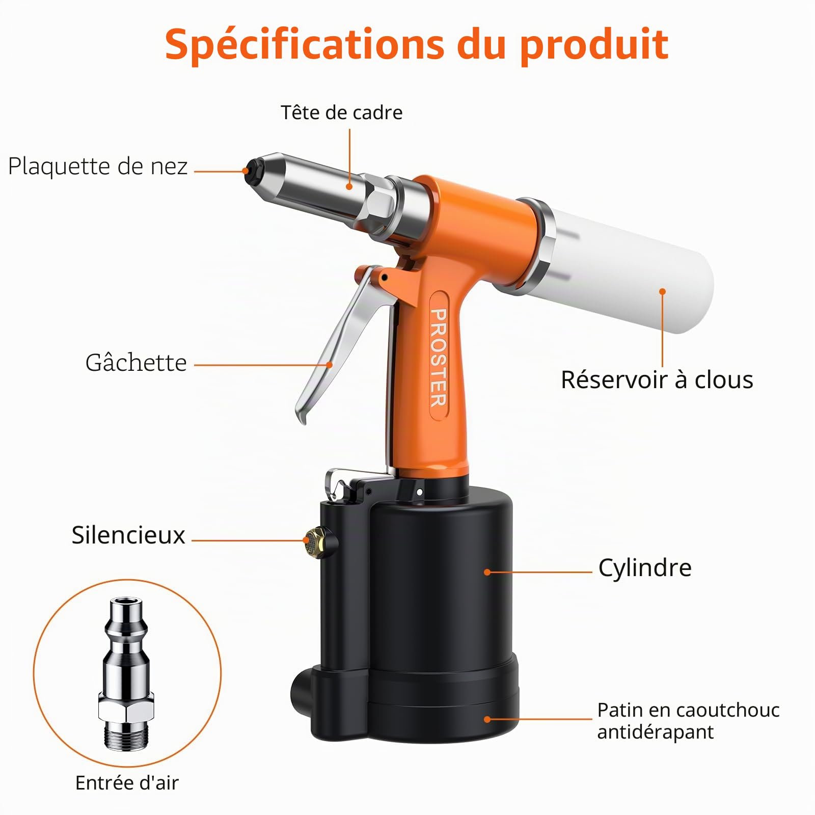 Proster Riveteuse Pneumatique Hydraulique 1408KGF Professionnelle avec 4 Embouts (2.4/3.2/4.0/4.8mm) – Pistolet à Riveter à Air Compatible Aluminium et Acier pour Carrosserie/Atelier/Construction