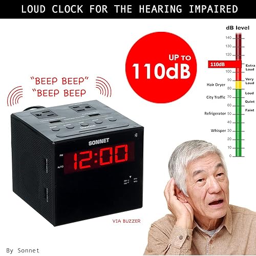 Miniatura 5 de Sonnet - Estación de carga de reloj despertador, altavoz Bluetooth, radio AM FM, puertos de carga USB duales, salidas de CA duales, reloj