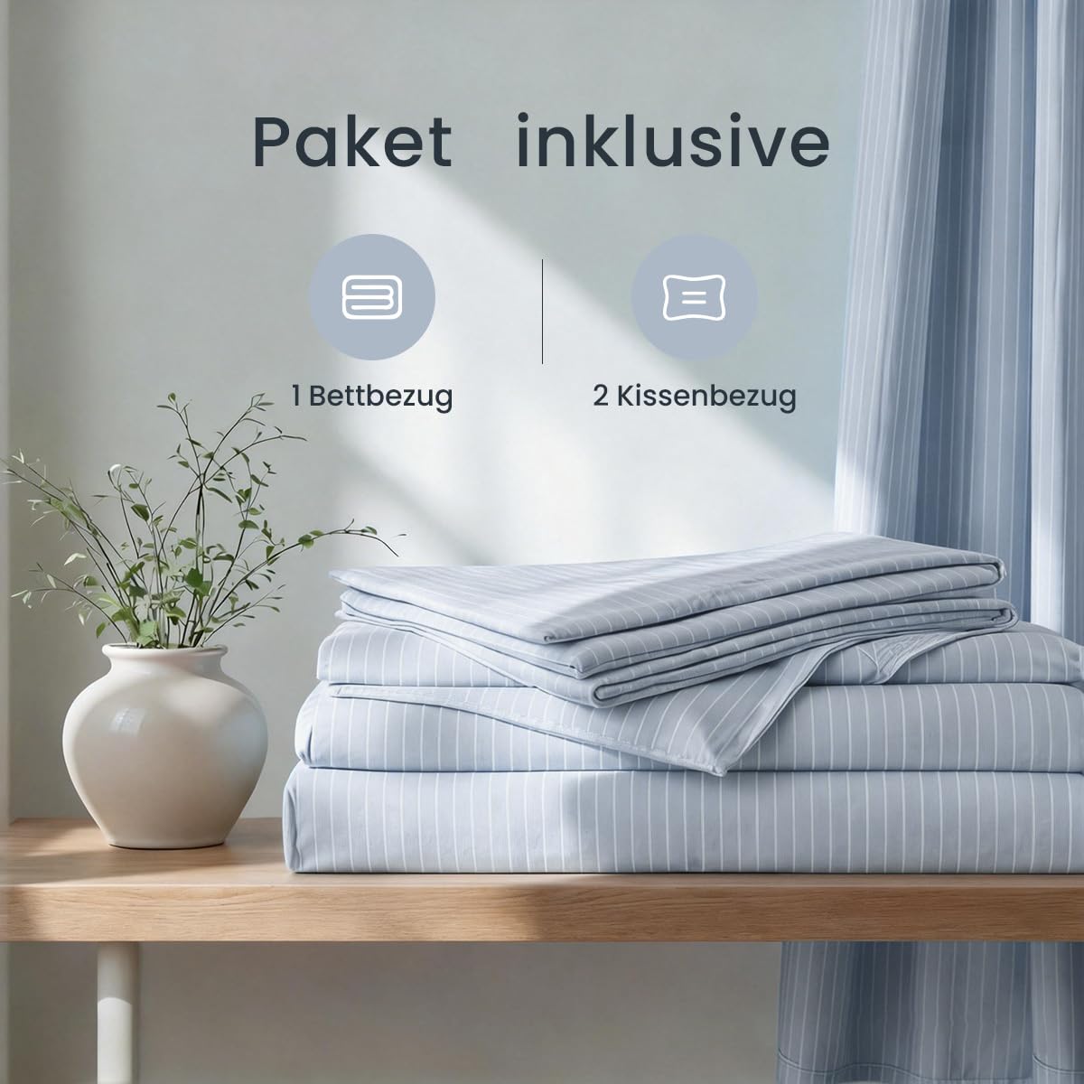 Lanqinglv Bettwäsche 200x220 Baumwolle Gestreift Blau,100% Renforce Baumwolle Bettwäsche Set mit Reißverschluss,ÖKO-TEX Bettwäsche für Allergiker Geeignet,1 Bettbezug & 2 Kissenbezug 80x80 cm
