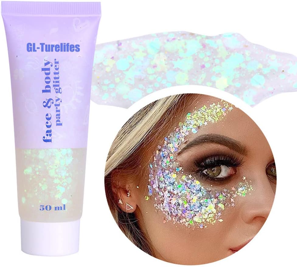 GL-TurelifesChunky Glitter Gel Glitter Body Gel Festival Glitter Cosmetic Face Hair Nails Makeup Mermaid Sequins Liquid Eyeshadow Long Lasting Sparkling 50ml Easy to Apply, Easy to Remove (#06 White)