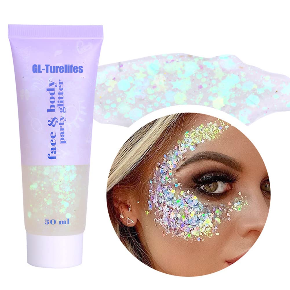 GL-TurelifesChunky Glitter Gel Glitter Body Gel Festival Glitter Cosmetic Face Hair Nails Makeup Mermaid Sequins Liquid Eyeshadow Long Lasting Sparkling 50ml Easy to Apply, Easy to Remove (#06 White)