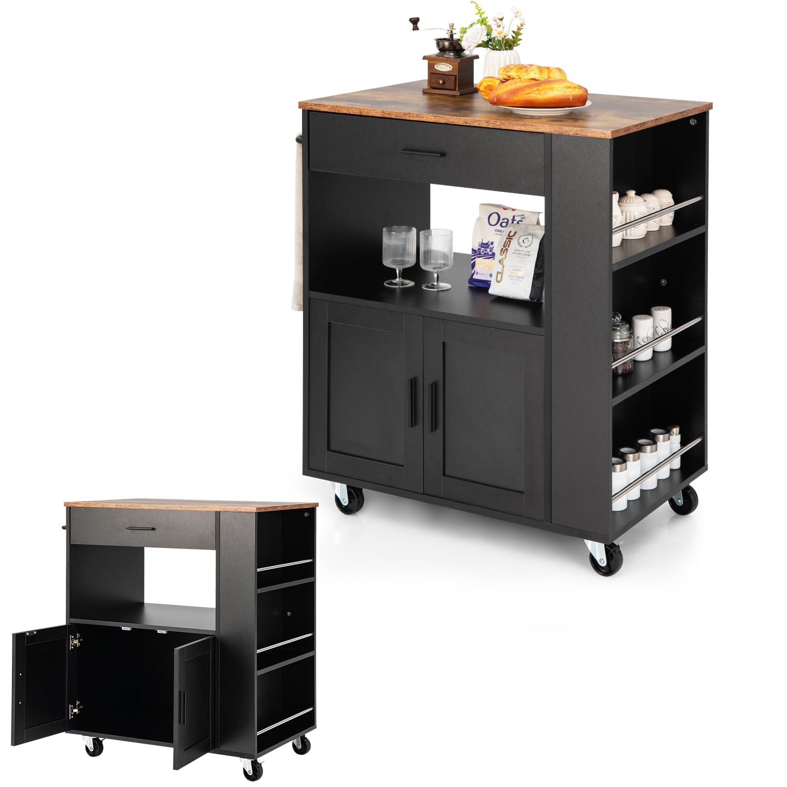 KOMFOTTEU Carrito de Cocina con Ruedas, Carro de Servicio con 3 Estantes Laterales, Armario de Puertas y Cajón, Isla de Almacenamiento con Toallero, Buffet de Comedor, 82 x 50 x 92 cm (Negro)