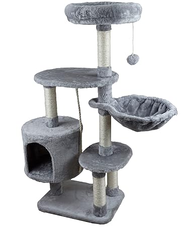 KIYUMI US9G Cat Tree Cat Tower Sisal Scratching Posts Cat Condo Play House Hammock Jump Platform Cat Furniture Activity Center,Grey