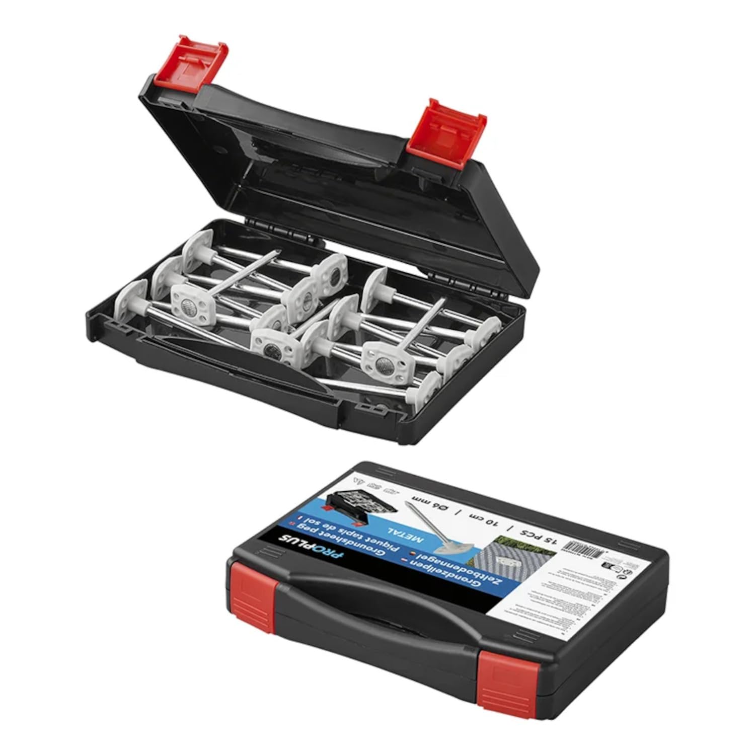 Lot de 15 piquets de camping (clous pour tente) dans une mallette de rangement, piquets en fer de 10 cm à tête plate