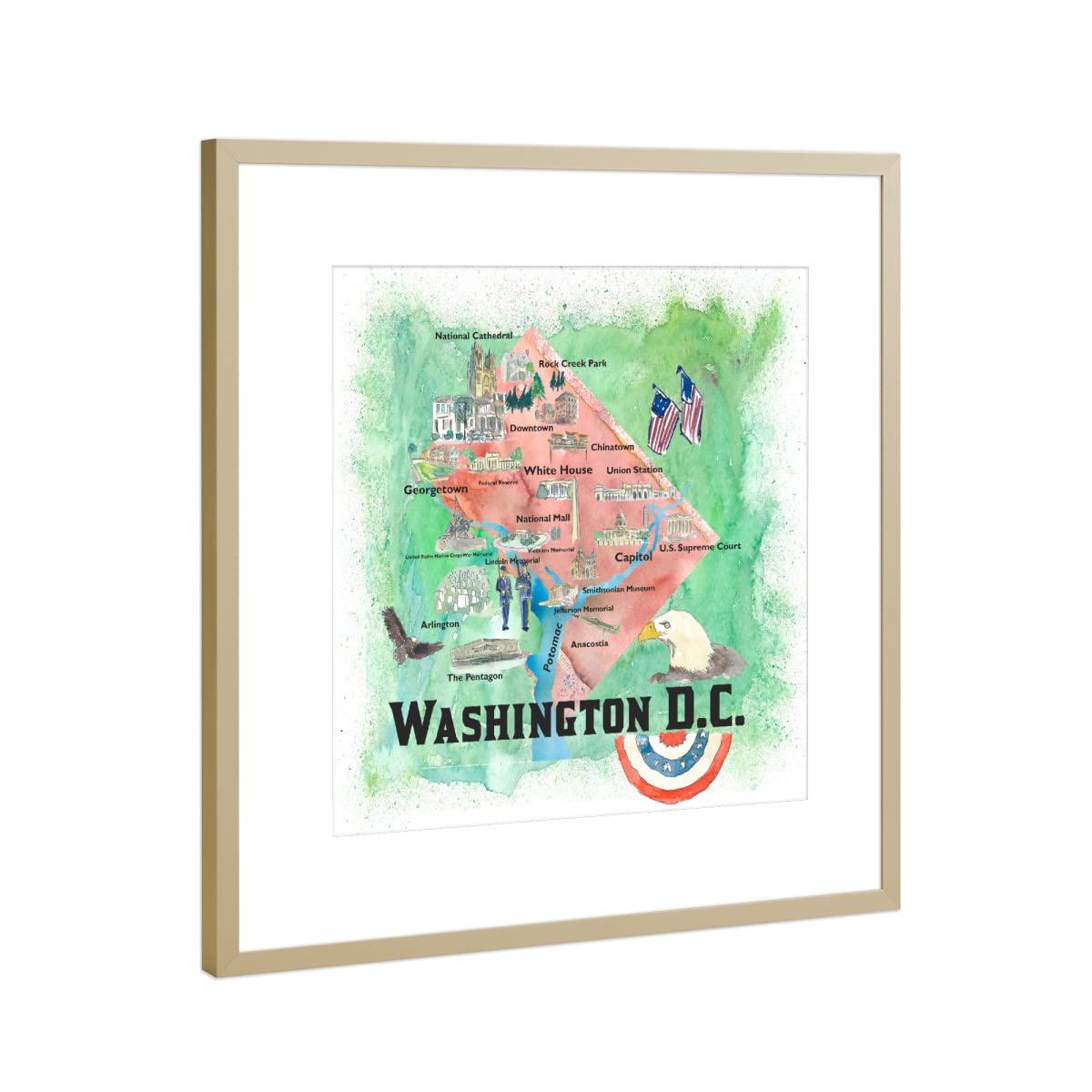 artboxONE Poster mit Rahmen Gold 50x50 cm Washington DC Illustrierte Karte von artshop77 - gerahmtes Poster