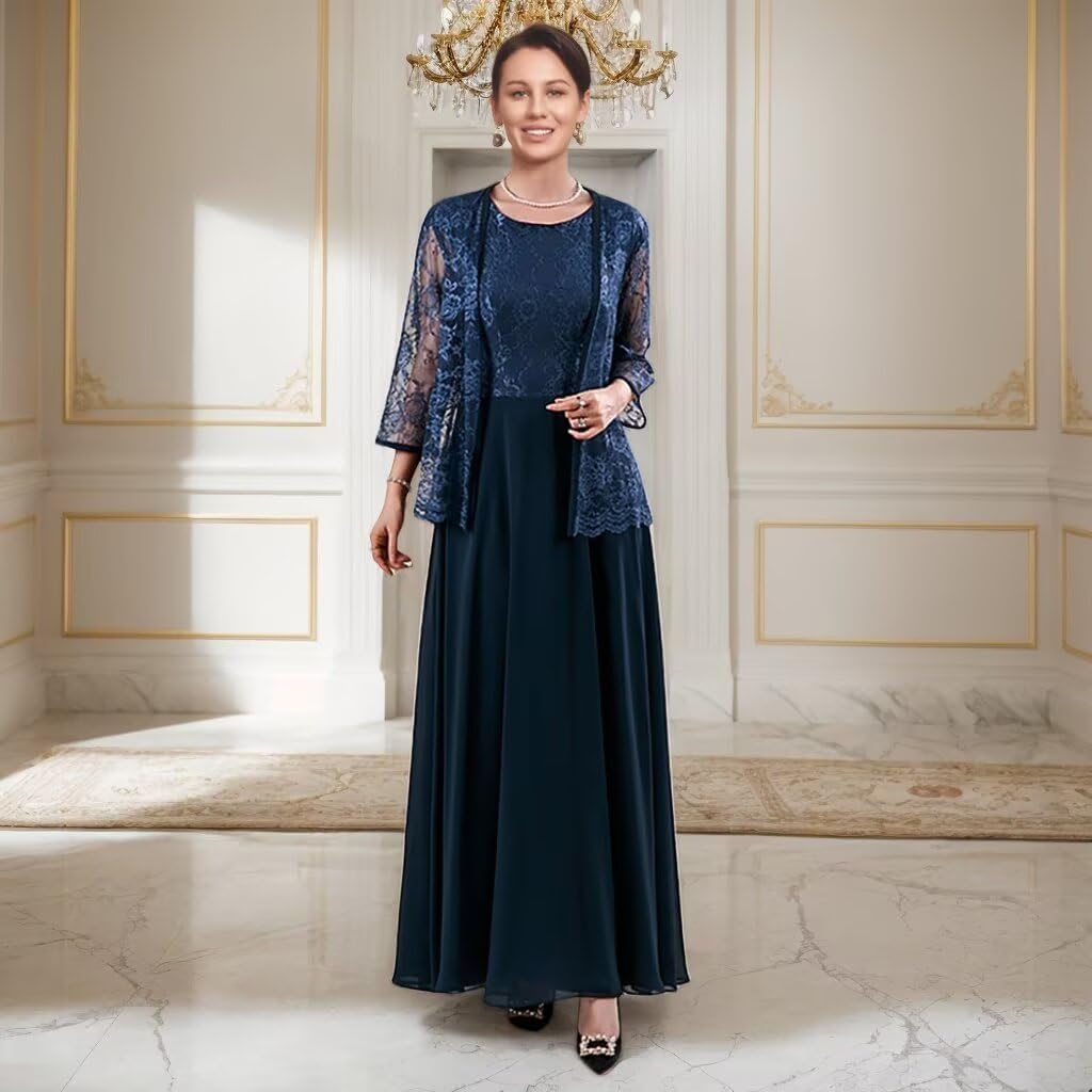 2 Pieces Mother of The Bride Dresses for Wedding with Jacket Lace Appliques Formal Evening Dress with 3/4 Sleeves