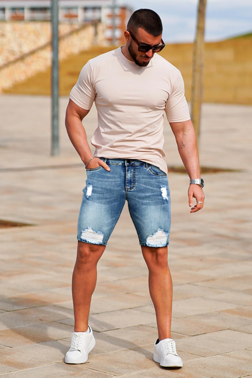GINGTTO Men's Jean Shorts Ripped Slim Fit Stretch Denim Shorts - Image 7