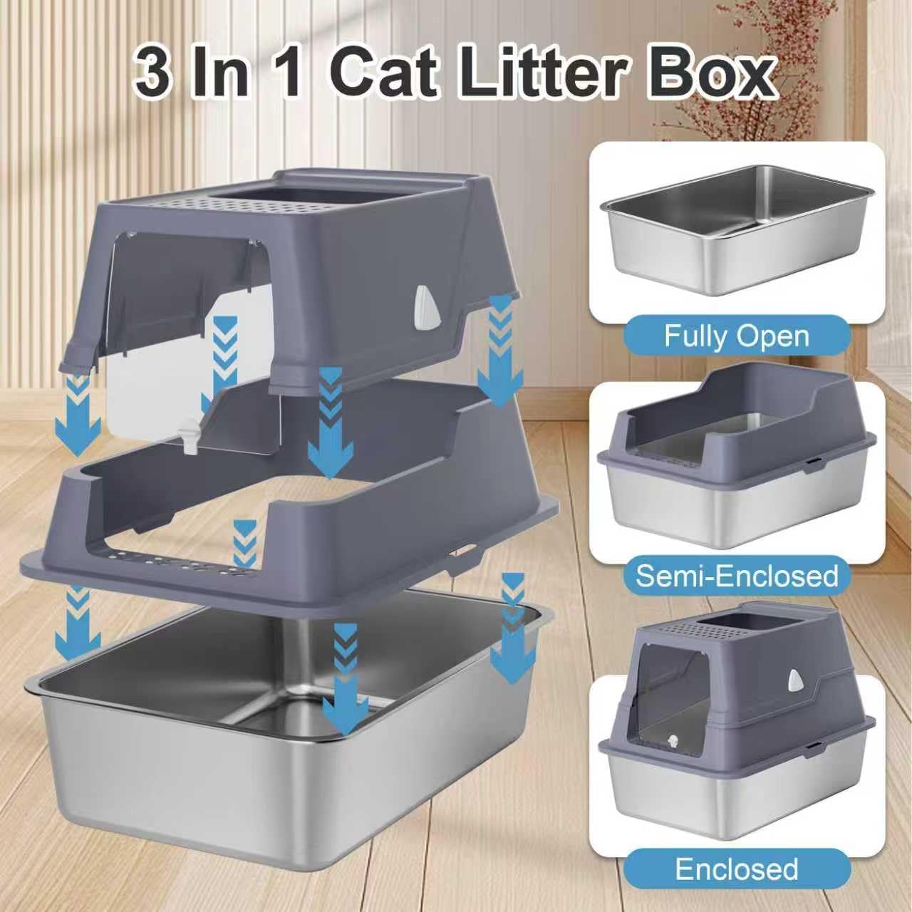 Stainless Steel Litter Box with Lid,XL Enclosed Extra Large Cat Litter Box High Wall, Cover Enclosed Top Entry Litter Boxs,with High Sided Enclosure & Scoop for Small to Big Cats& Kitty