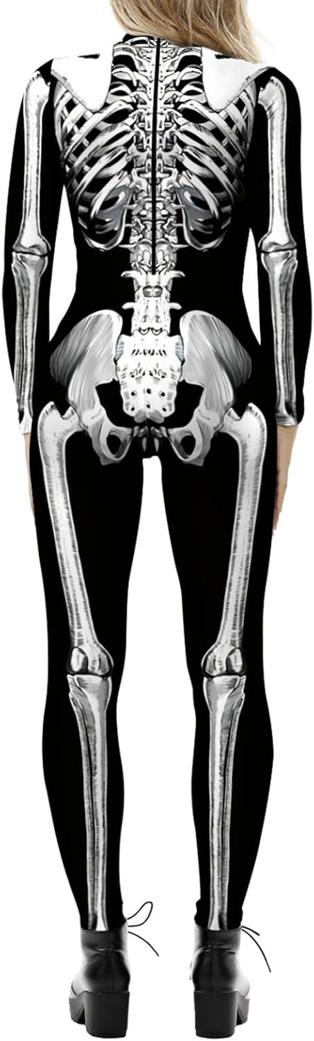 Halloween Bodysuits for Women Skeleton Jumpsuit Long Sleeve Halloween Costume Zip-up Skull One Piece Outfit - Image 2