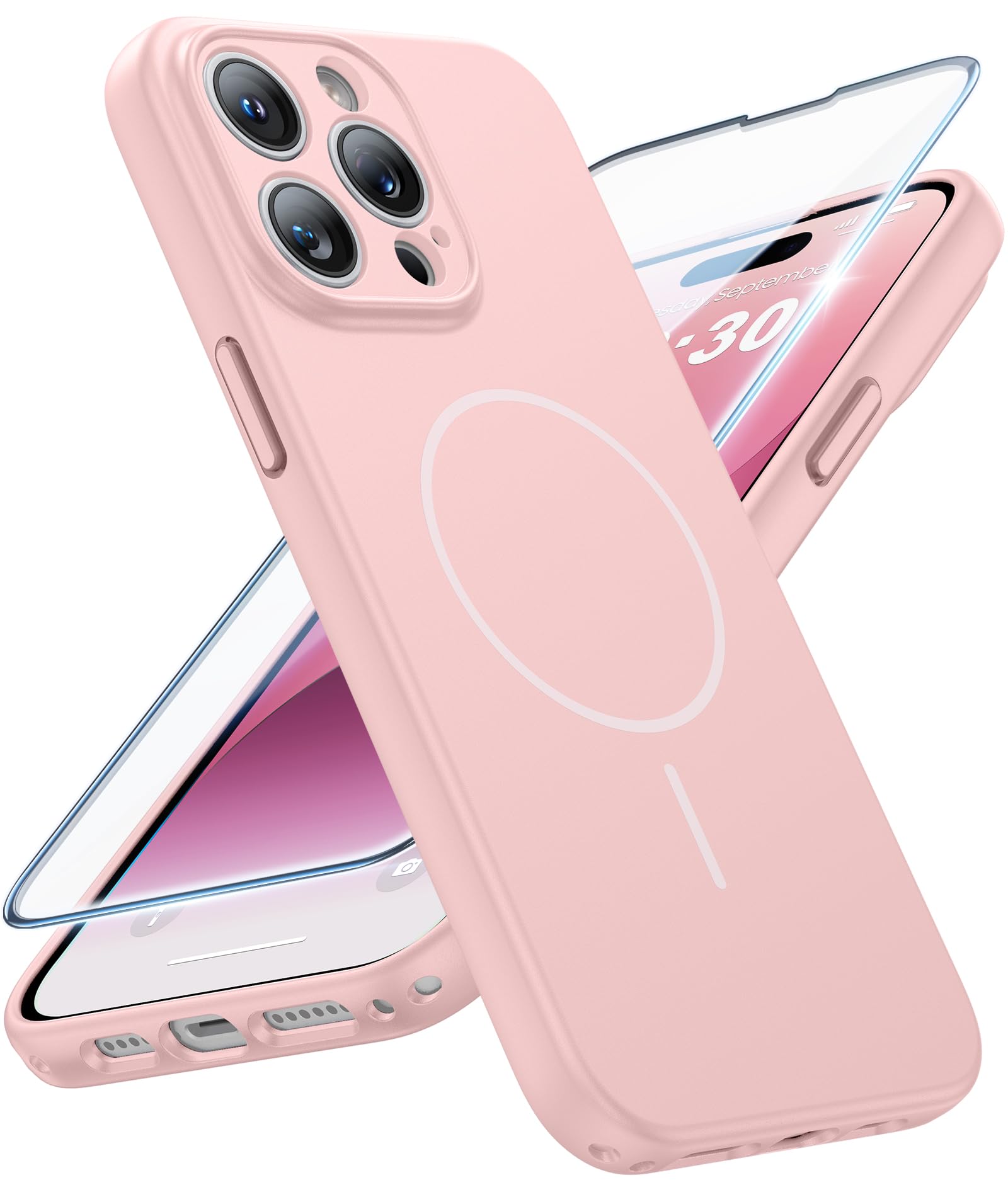 FNTCASE for iPhone 14 Pro Max Case Light Pink: Compatible with MagSafe | With Screen Protector, Translucent Magnetic Full Camera Protection, 14FT Military Grade Drop Tested, Matte Shockproof Cover