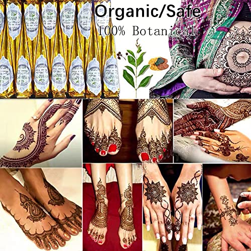 Kenzy Tattoo Temporary India Painting Paste Cone, Large Volume Black/Red Brown Cone Body Art Drawing, 2Pcs Adhesive Stencils, 1Pcs Bottle, 4Pcs Plastic Nozzles (Raw Pulp Red In Golden Cone) #TOP1