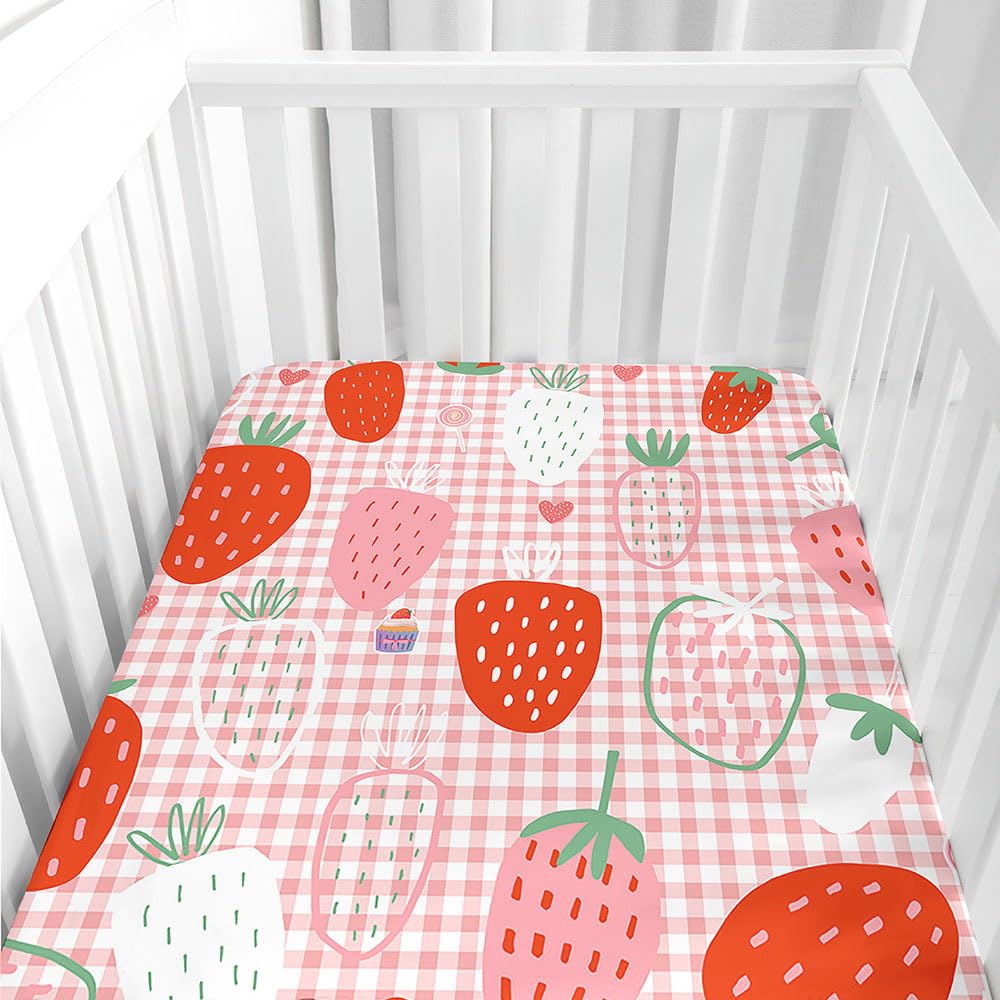 Hiseng Microfiber Crib Sheets, Cot Bed Sheets with Cartoon Pattern Cot Fitted Sheets Bassinet Mattress, Soft and Comfortable Toddler Bed Sheets for Boys, Girls (Strawberry,51x85cm) — image 1