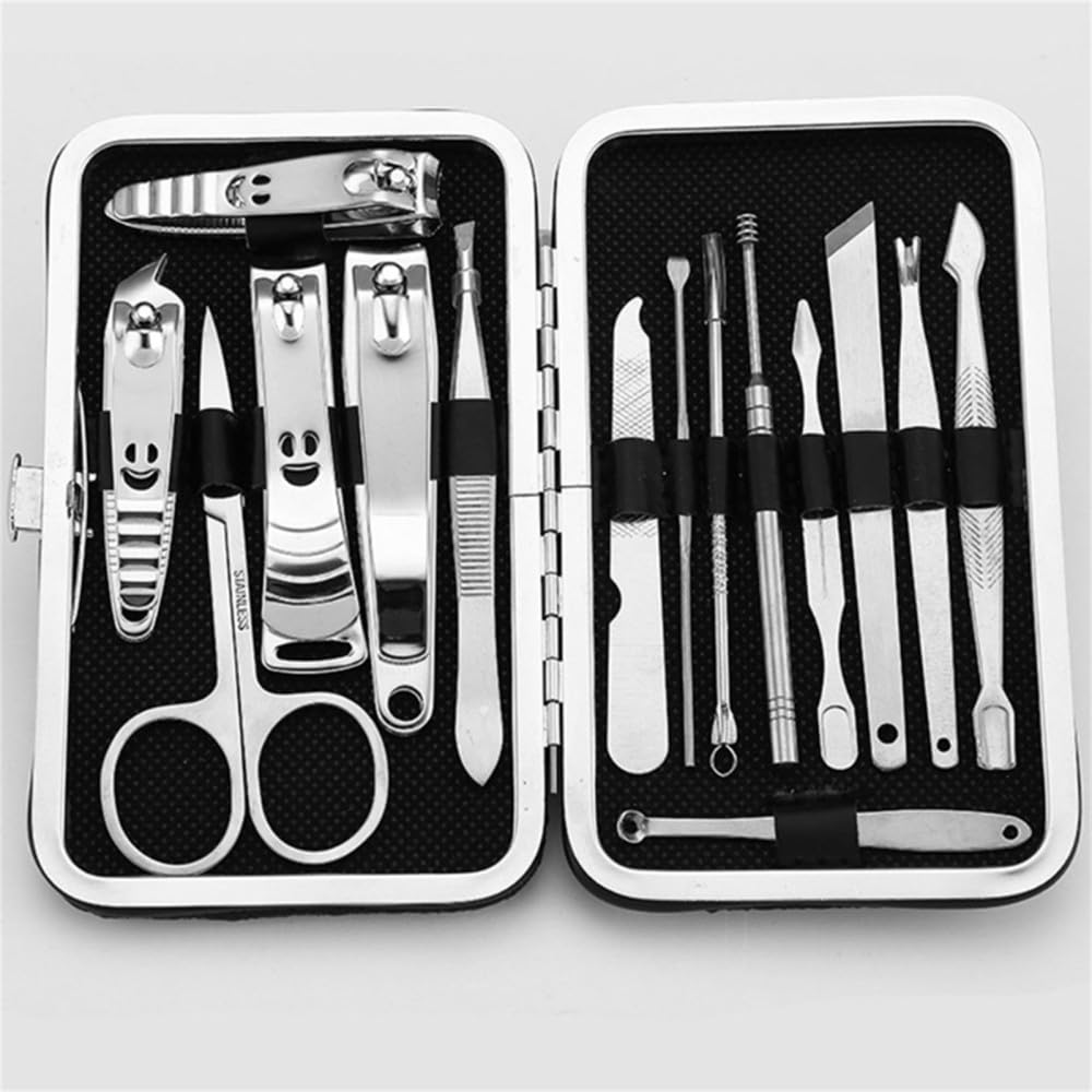 Set de manicura con cortaúñas, 15 Piezas, Kit de pedicura de Acero Inoxidable con Estuche Negro para Mujeres y Hombres.
