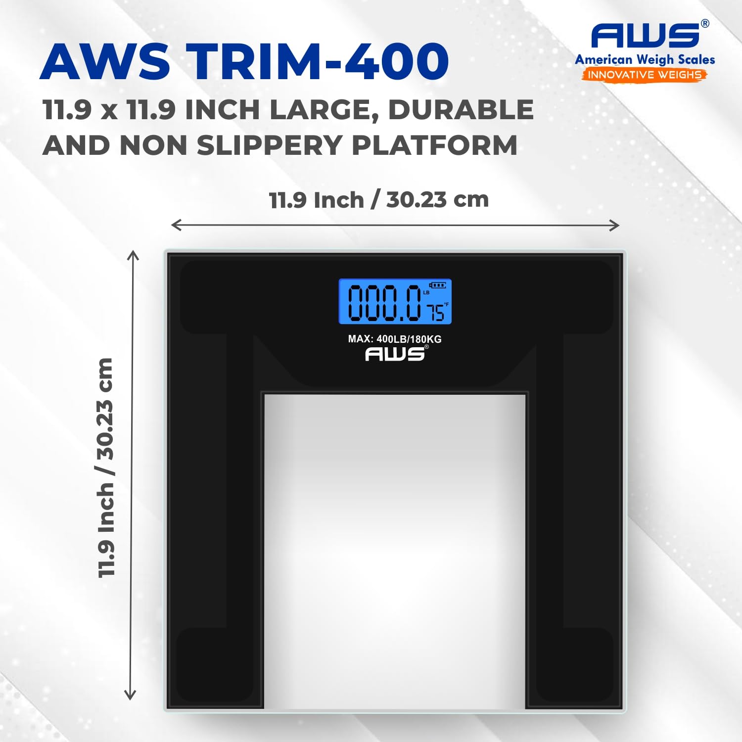 AWS - Báscula digital de baño de 400 libras de capacidad, báscula de peso corporal de vidrio templado transparente con pantalla grande, diseño moderno de bajo perfil, alta precisión y tecnología de