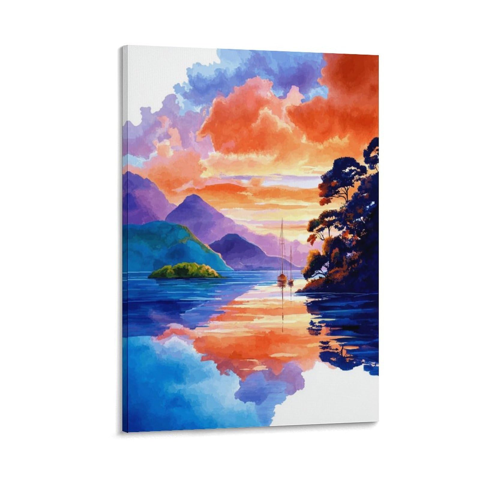 CTZIKWW Derwentwater Lake District 12x18inch(30x45cm) Vintage Watercolor Canvas Wall Art