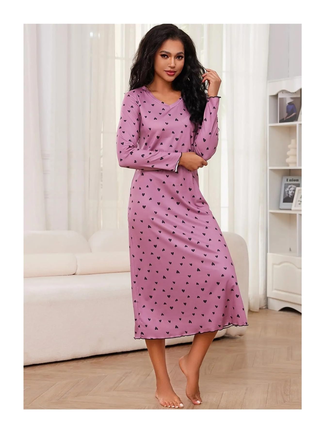 Camisón con estampado de corazón para mujer, cuello en V, manga larga, dobladillo con volantes, ropa de dormir para mujer, ropa de dormir para el hogar, vestido de pijama