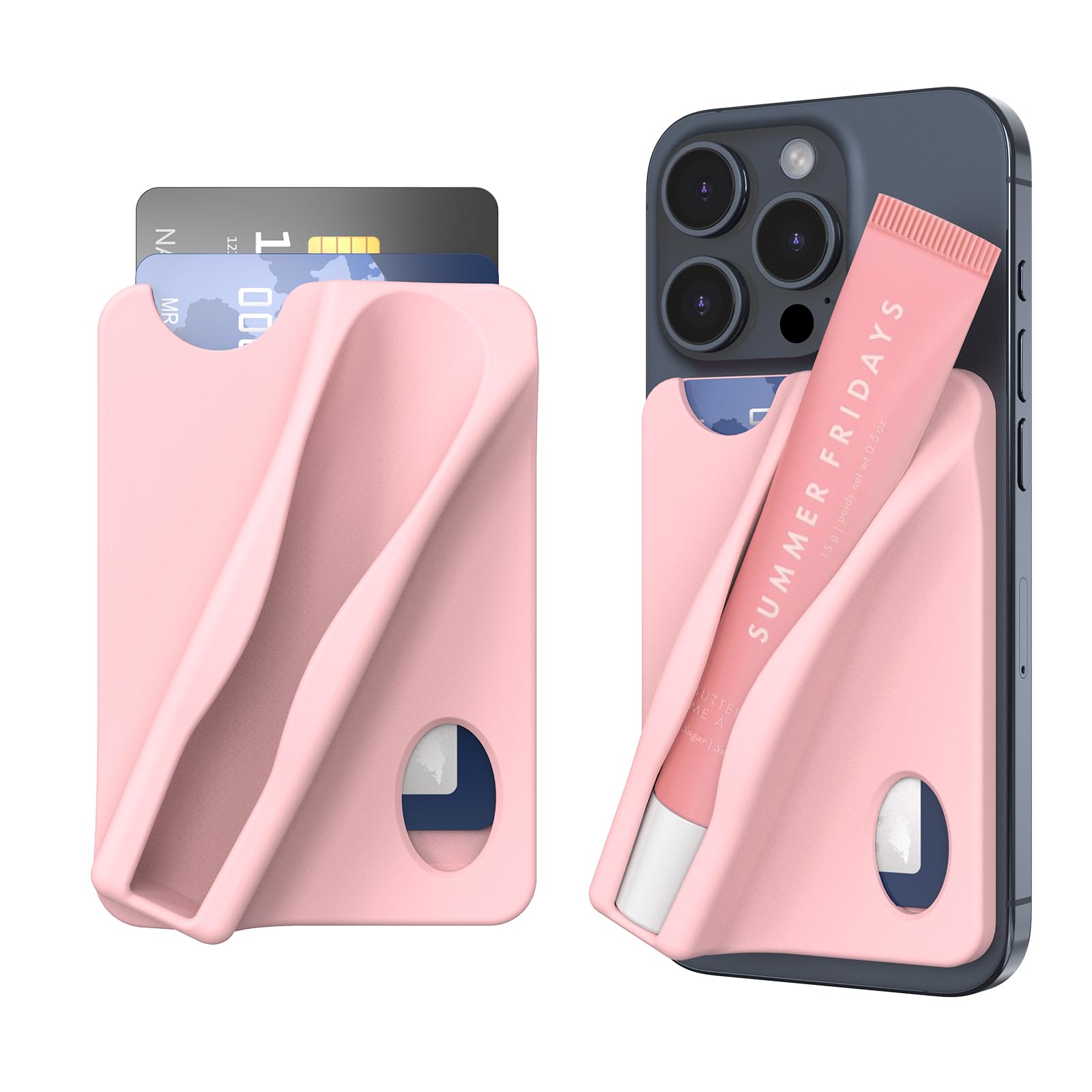 DOB SECHSLarge Silicone Lip Holder with Card Holder Compatible with Summer Fridays, Tower 28, Laneige Lipstick Lip Glaze Phone Case Back Stick On Holder for iPhone and Android Smartphones,Pink