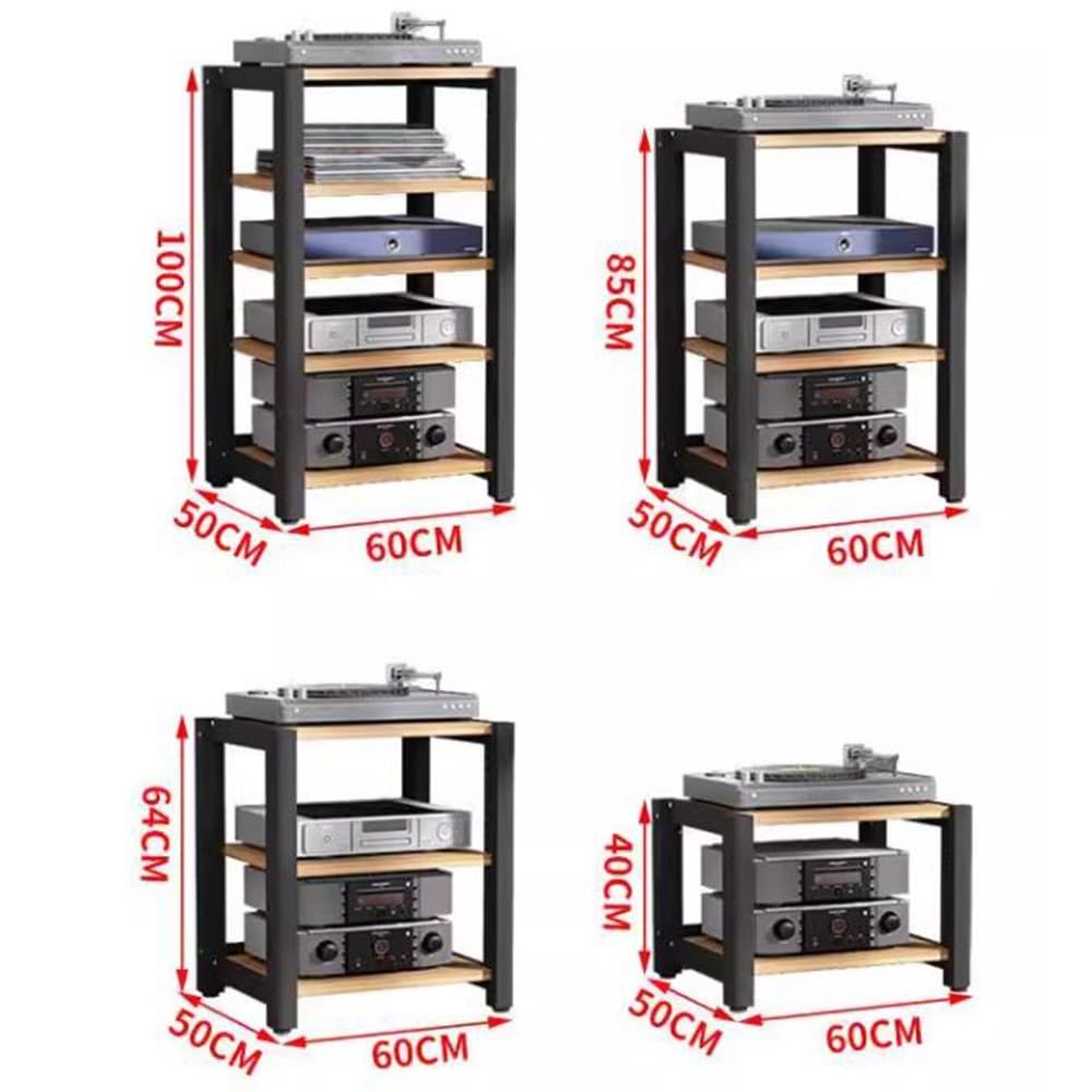 Scaffale in legno e acciaio, supporto multimediale regolabile, torre audio a 4 livelli, scaffale per lettore CD, armadio stereo da pavimento, design moderno in teak per home theater e sistemi audio
