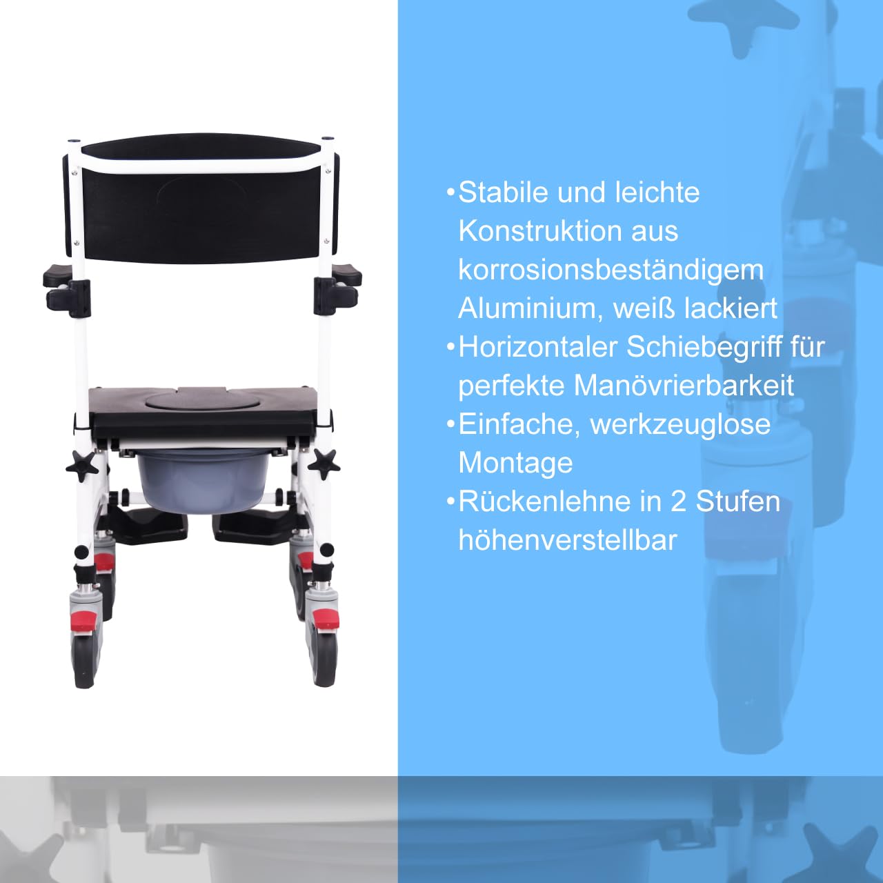 Akriva fahrbarer Toilettenstuhl mit verstellbarer Sitzhöhe aus Aluminium mit gepolsterter Sitzfläche und Eimer - Toilettenrollstuhl - Zimmerrollstuhl - WC-Rollstuhl