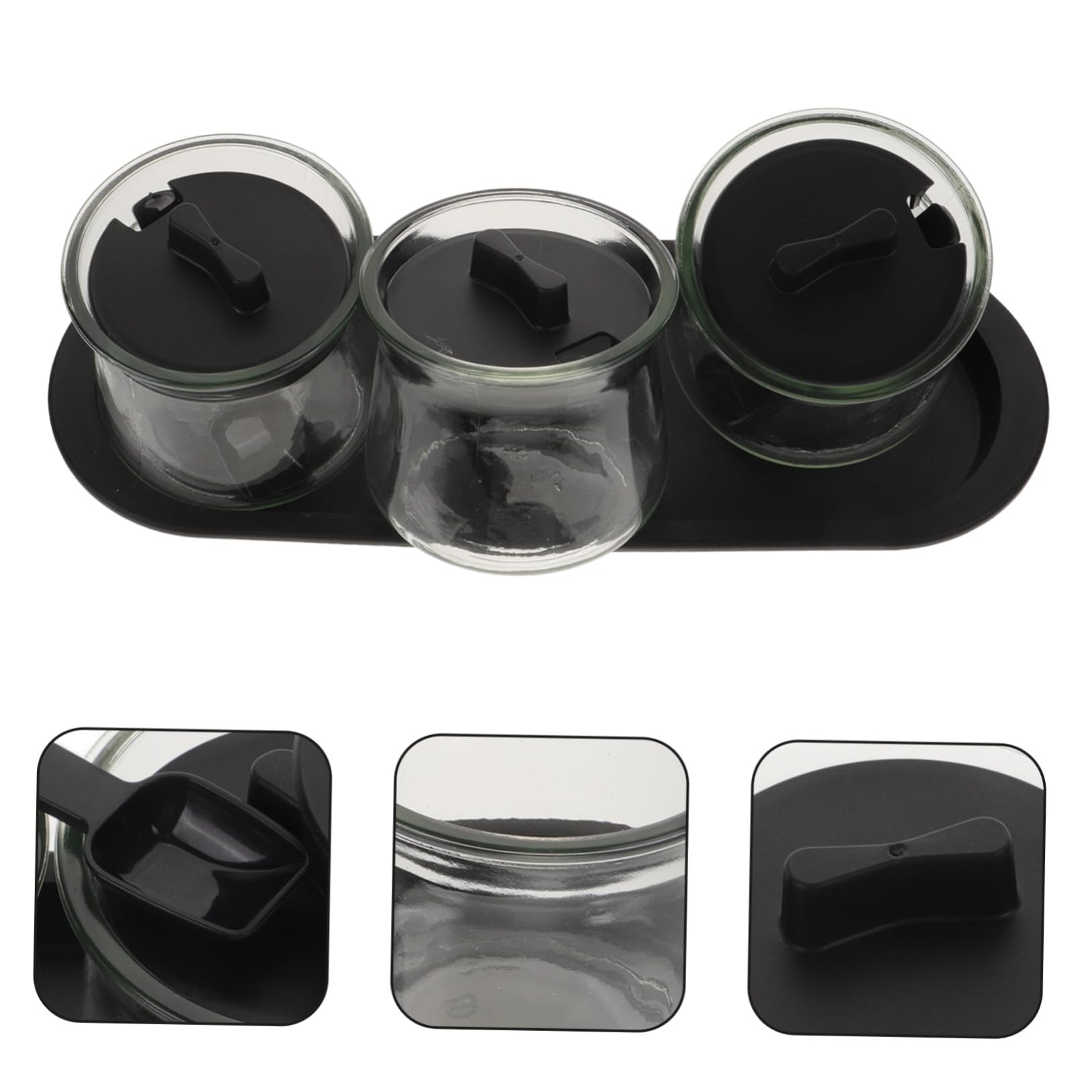 Set di 3 Barattoli Portaspezie in Vetro Trasparente con Cucchiaio Dosatore e Vassoio, Contenitori per Condimenti in Pp per Cucina