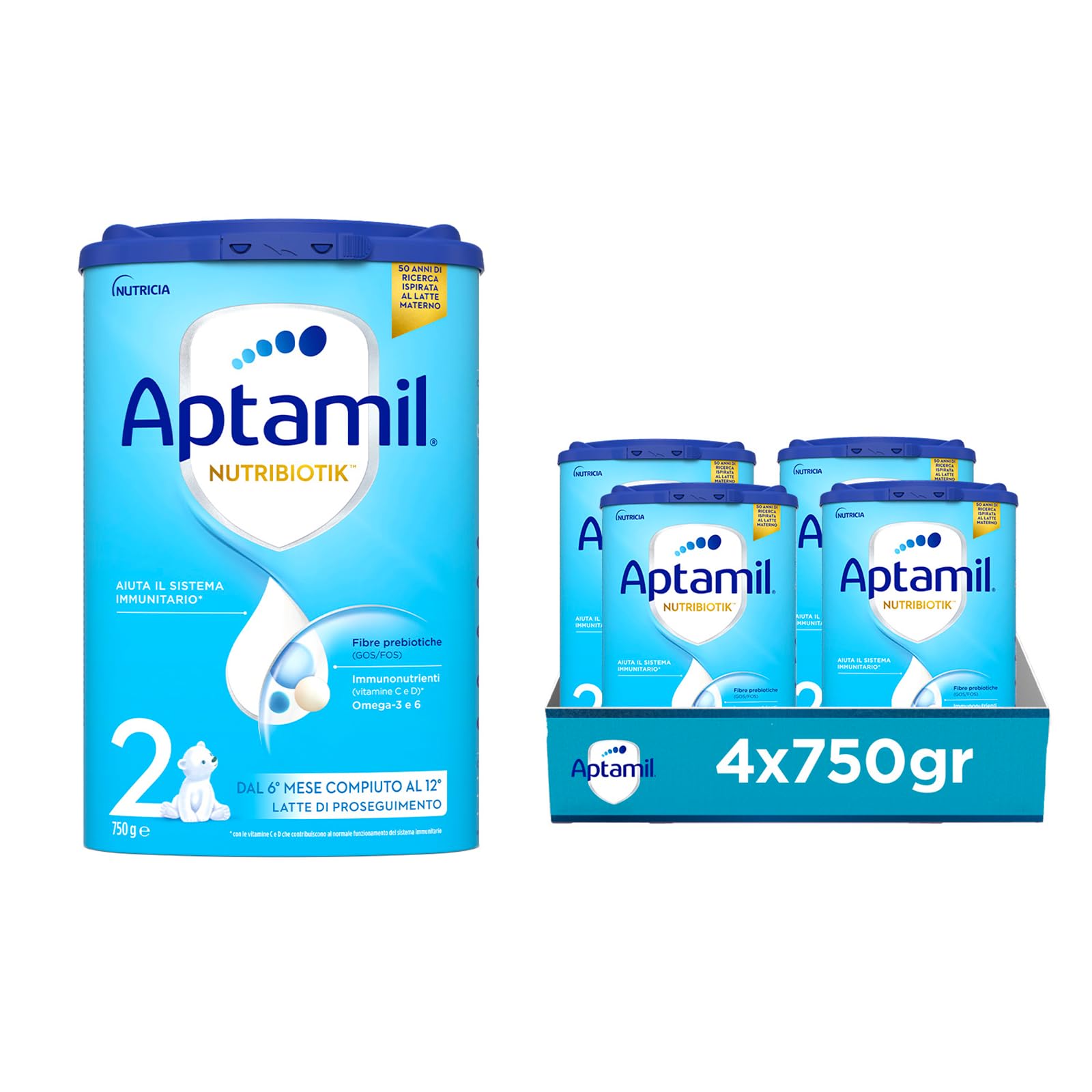 APTAMIL 2 - Latte di Proseguimento in Polvere per Neonati dal 6° mese compiuto al 12° - 4 Confezioni da 750 g