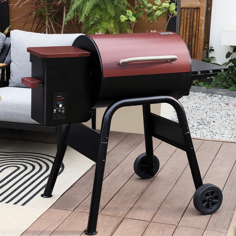 Jocoevol Wood Pellet Smoker Grill with lid open, showing food cooking on grates