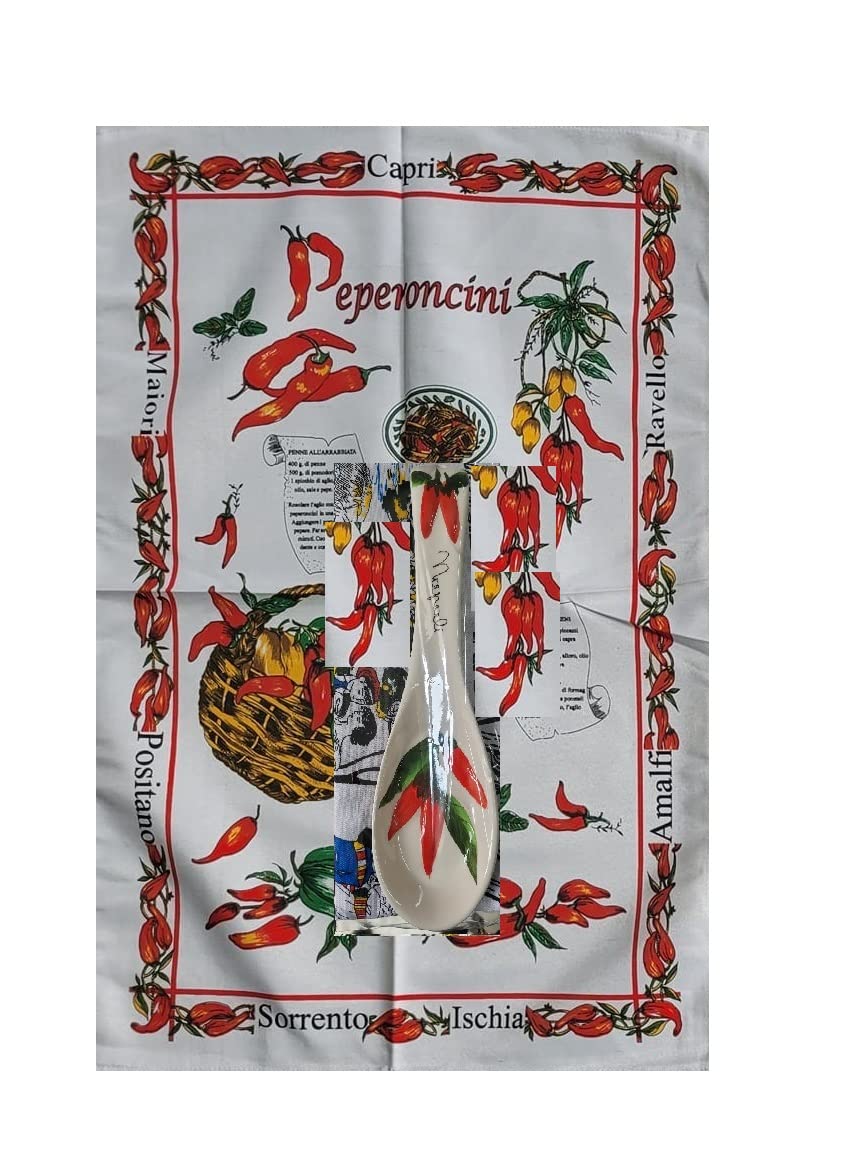 Torchon poivrons 85 x 55 cm et amulette en céramique pour une cuisine méditerranéenne
