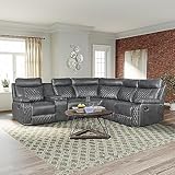 Manual Reclining Motion Corner Sectional Sofa,Modern Upholstered 5 Seaters PU Leather L-Shaped Couch with Cup Holder and Hide-Away Storage for Villa Living Room Apartment Office Theater (Gray-PU)