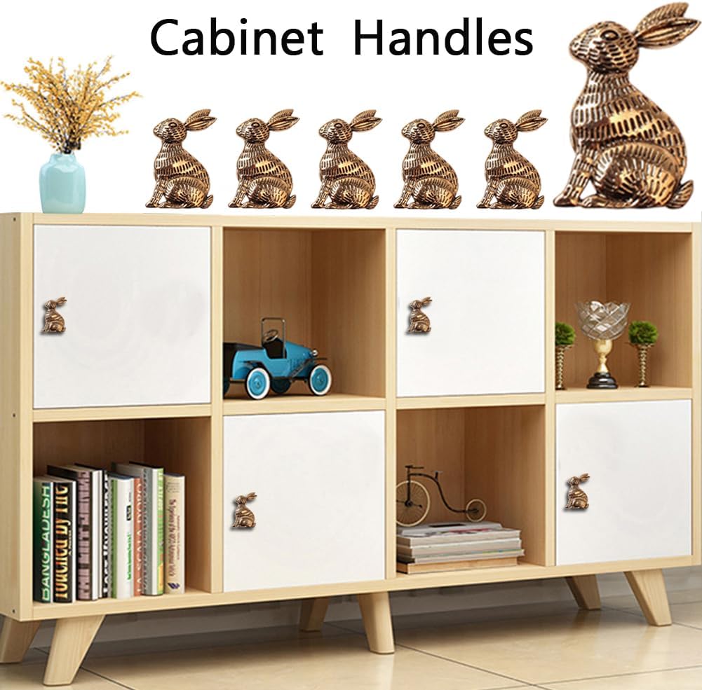6Pcs Rabbit Cabinet Knobs, Metal Rabbit Cabinets Handles, Decorative Drawer Pulls, Single Hole Handle, Unique Animal Hardware for Home Furniture Kitchen Wardrobe Cabinet Cupboard Door (Retro Gold)