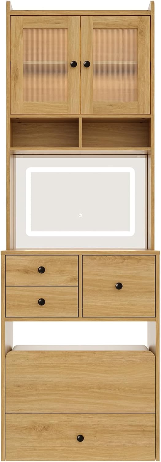 Garvee 3 in 1 Vanity Desk with LED Light, Tall Makeup Vanity Set with 2 AC Outlets & USB-c, Dressing Table with Drawers & Acrylic Doors, Nightstand Vanity Mirror, Jewelry Box, Cushioned Chair, Natural