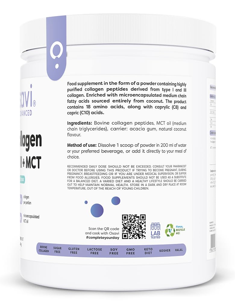 Osavi Collagène Type I & III + huile MCT de coco – 400 g poudre | Peptides de collagène hydrolysés | Acides gras C8 & C10 | 18 acides aminés | Sans sucre | Goût coco