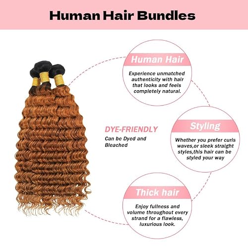 KODRHAR T1B/30 Ombre Brown 3 Bundles Human Deep Wave Hair 8 10 12 Inch Deep Wave Human Hair Brown Bundle 12A Brazilian Virgin Hair Quick Weave for Women T1B/30 Color — view 2