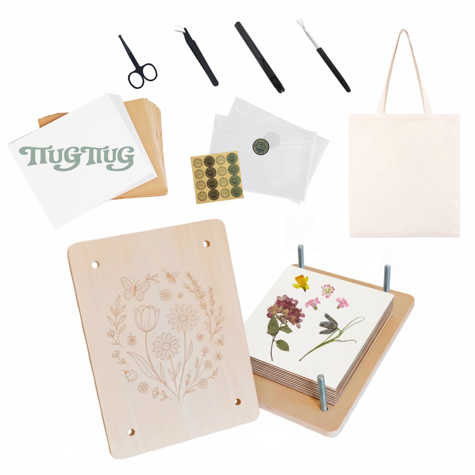 TTUGTTUG Wooden Flower Press Kit, 8.2" x 6.2" Pressed Flowers for Adult