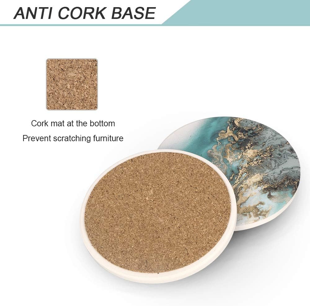 Lahome Marble Pattern Coasters - Round Drinks Absorbent Stone Coaster Set with Ceramic Stone and Cork Base for Kinds of Mugs and Cups (Blue, Set of 4) - Image 4