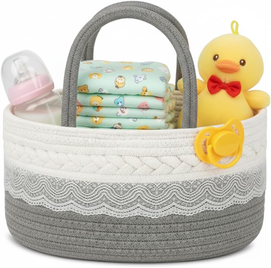 Baby Diaper Caddy Organizer,Woven Rope Nursery Storage Bin,Newborn Gift Basket,Extra-Large Cotton Basket with Removable Compartments,Portable (Mixed Brown, Large)