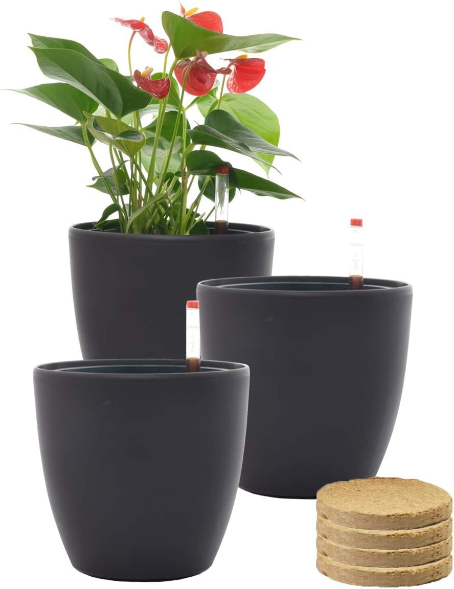 7'' Self Watering Planter Pots with Coco Soil for Home Garden Outdoor Indoor Office Modern Decorative Flower Pots for All House Plants Flowers Herbs Succulents (Brown)