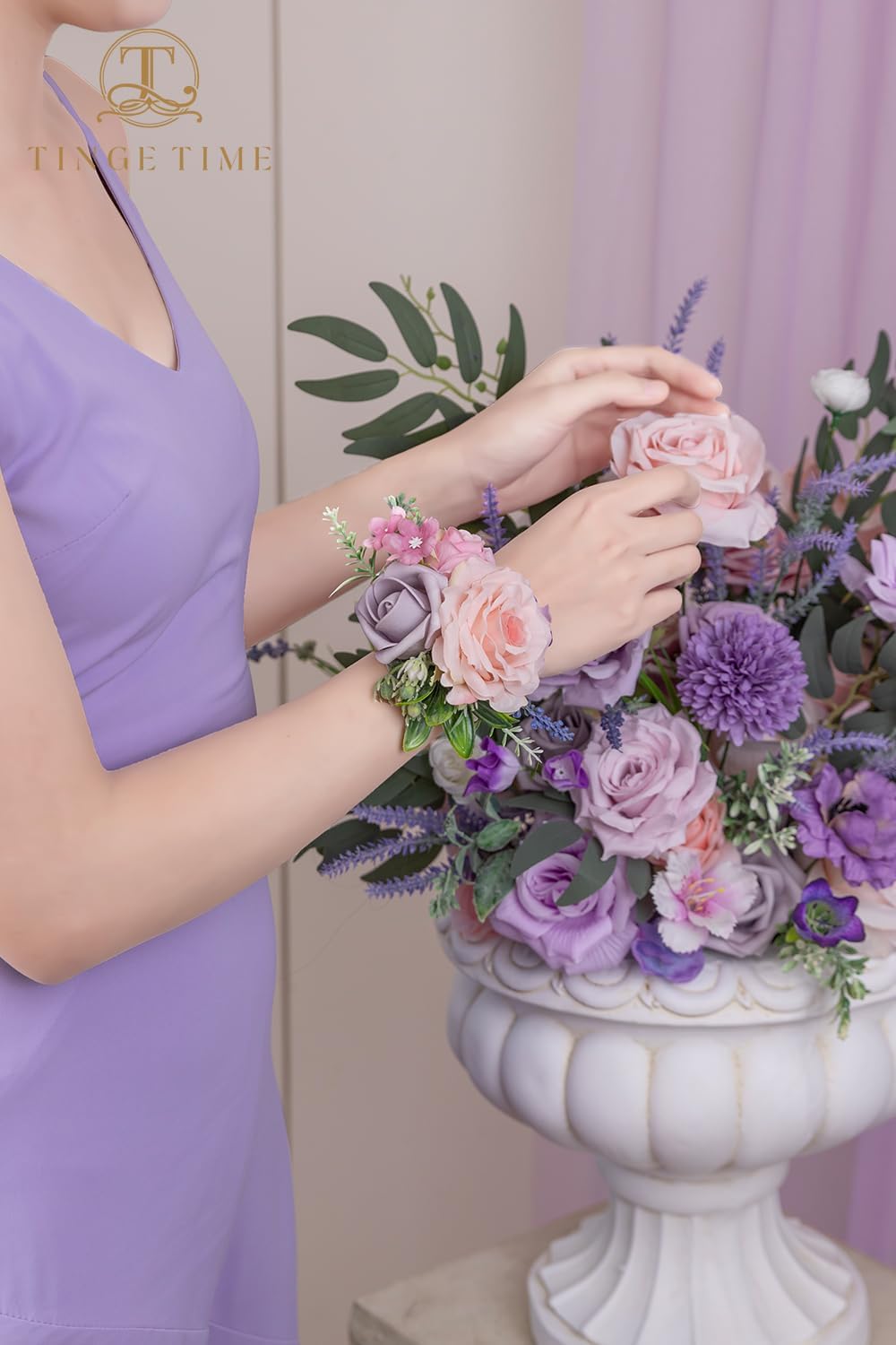 TINGE TIME Set of 2 Wrist Corsage Bracelets Pearl Wristlet Band Bridesmaid Bracelet for Wedding Ceremony Bridal Shower Artificial Flower Prom Violet & Misty Rose