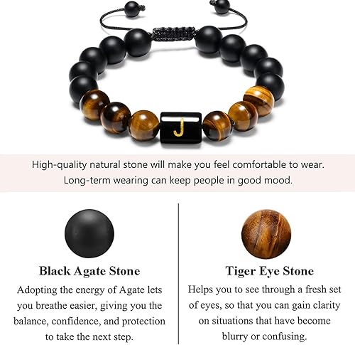 Miniatura 4 de Initial Bracelets for Men Charms Letter Mens Bracelet 10mm Natural Black Matte Agate Tiger Eye Stone Beads Braided Rope Customize Bracelet