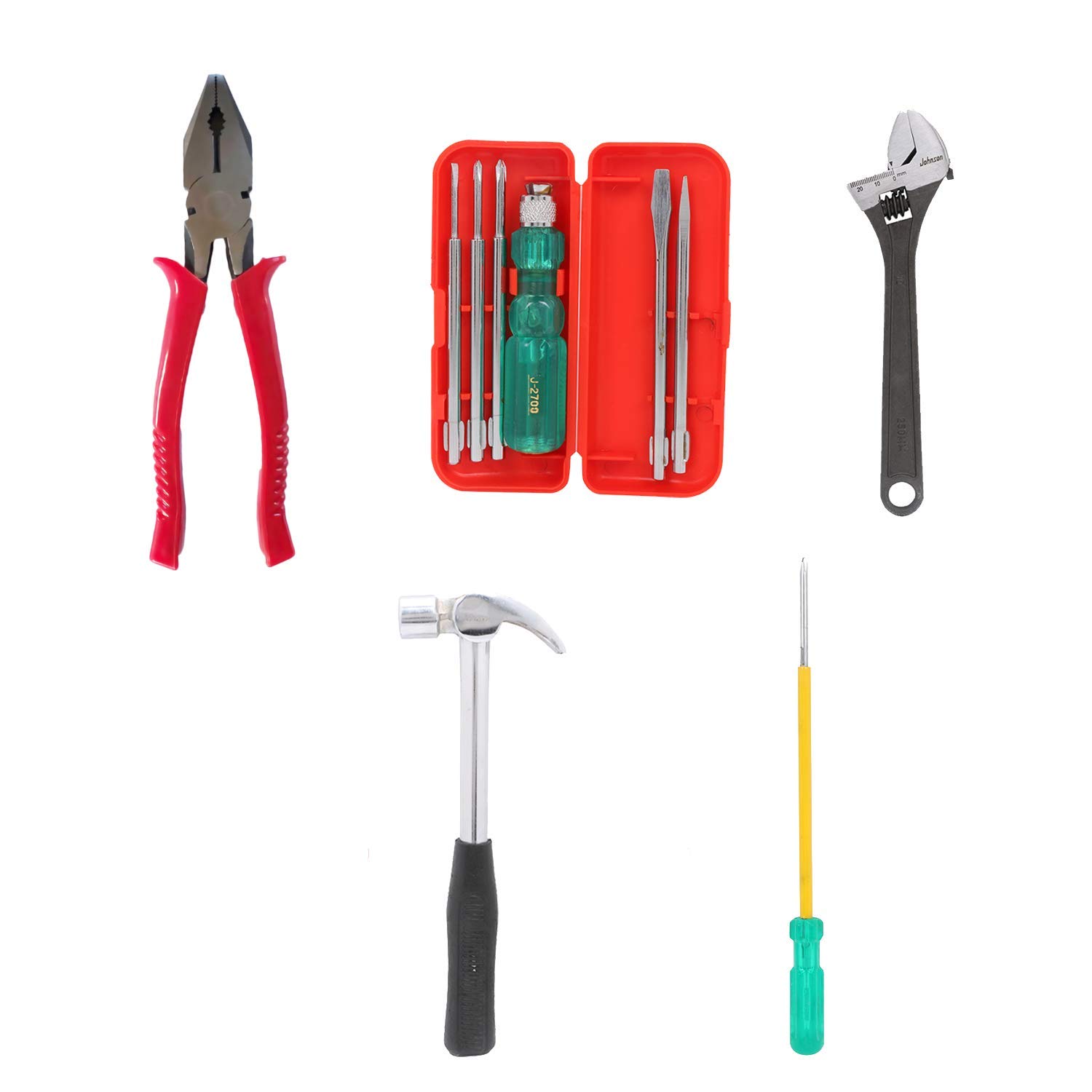 Suzec Johnson Advance Home Kit Combination Plier & 5-Pieces Screwdriver (Multicolour) Adjustable Wrench (250 mm) Claw Hammer Steel Shaft Two In One Screw Driver (Green&Yellow)
