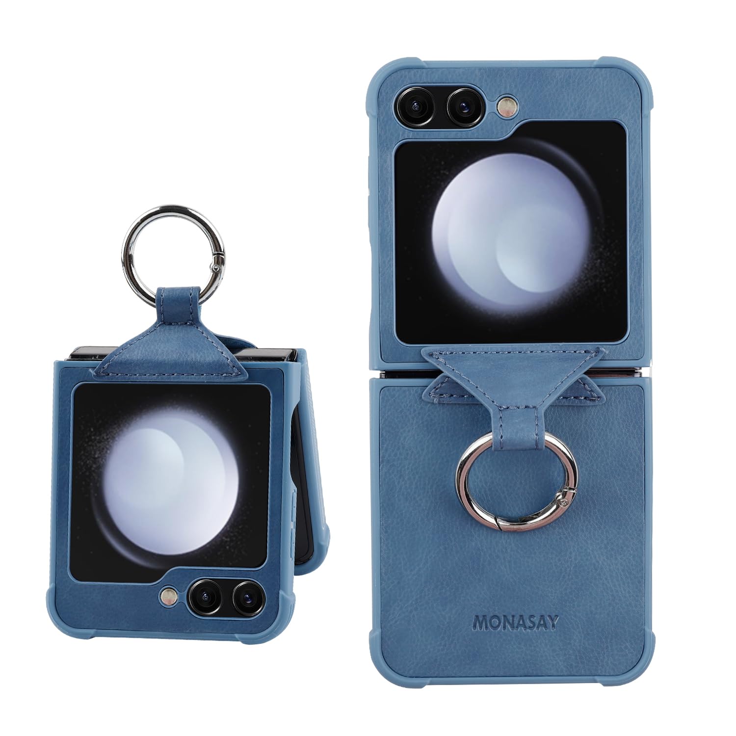 MONASAYPhone Case Compatible for Galaxy Z Flip 5,[Screen Protector Included] Leather Cell Phone Cover with Ring Compatible for Samsung Galaxy Z Flip 5, Light Blue